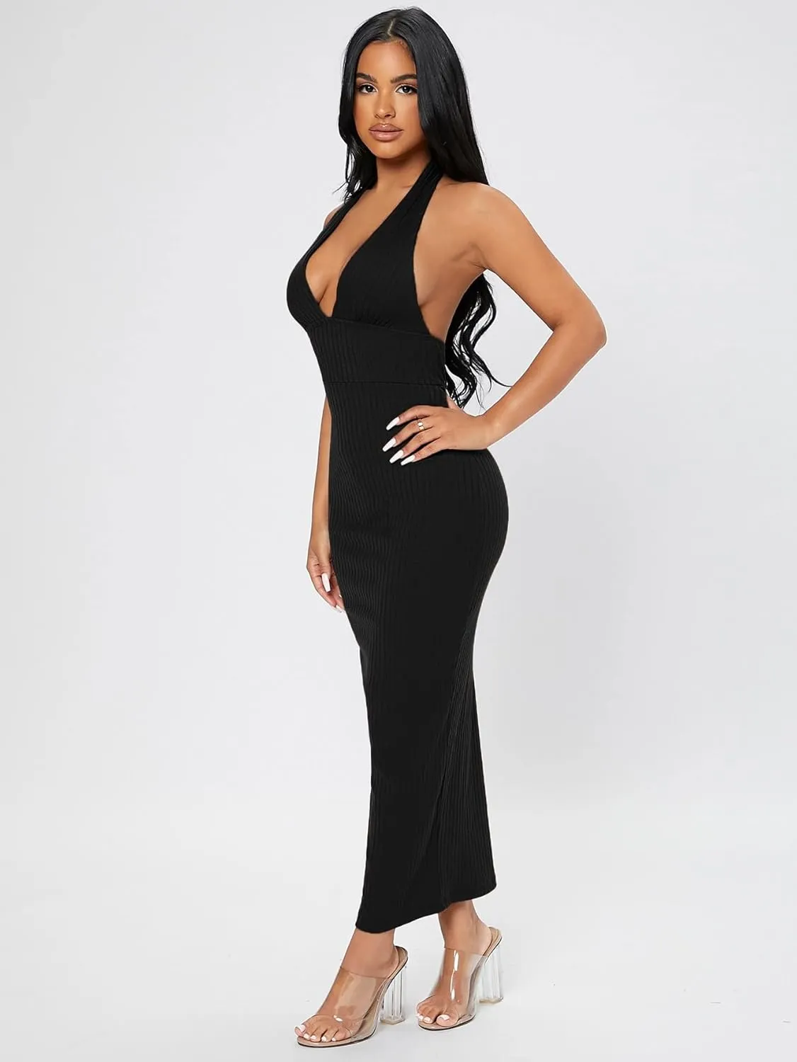 Floerns Women's Plunging Deep V Neck Backless Ribbed Knit Tie Back Bodycon Maxi Dress