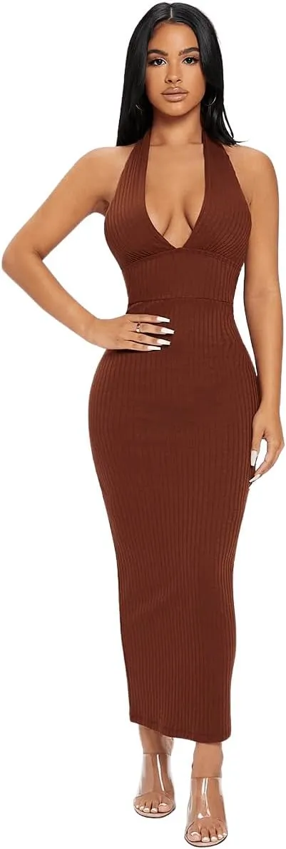 Floerns Women's Plunging Deep V Neck Backless Ribbed Knit Tie Back Bodycon Maxi Dress