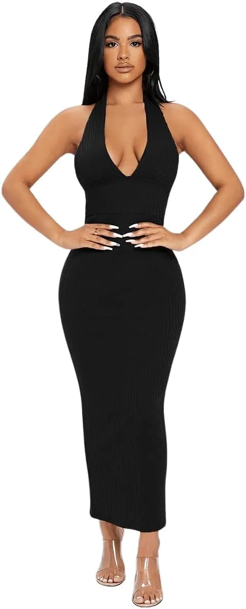 Floerns Women's Plunging Deep V Neck Backless Ribbed Knit Tie Back Bodycon Maxi Dress