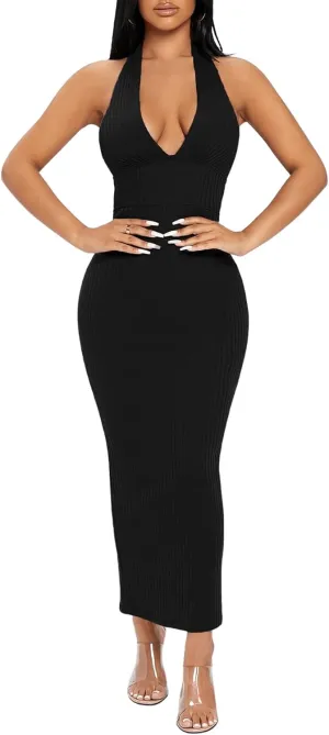 Floerns Women's Plunging Deep V Neck Backless Ribbed Knit Tie Back Bodycon Maxi Dress