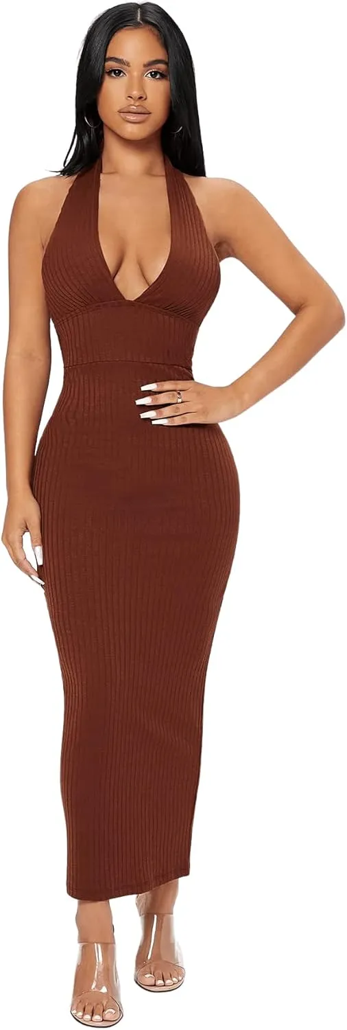 Floerns Women's Plunging Deep V Neck Backless Ribbed Knit Tie Back Bodycon Maxi Dress
