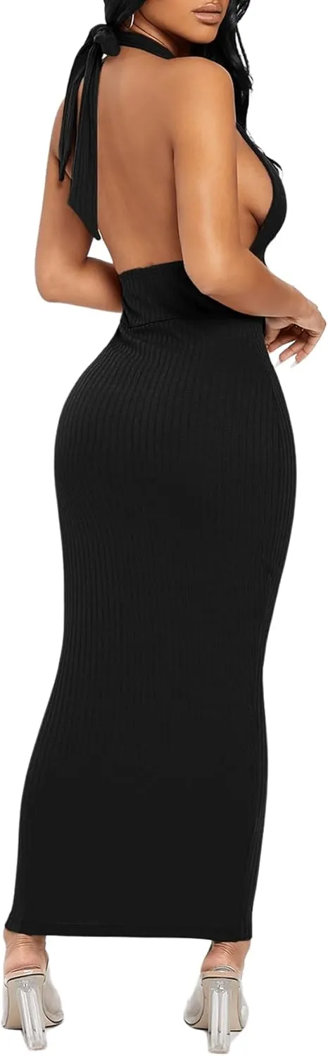 Floerns Women's Plunging Deep V Neck Backless Ribbed Knit Tie Back Bodycon Maxi Dress
