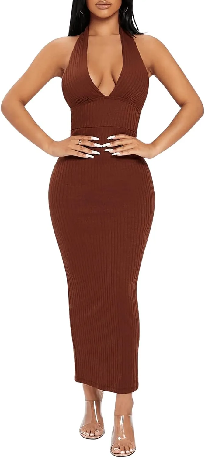 Floerns Women's Plunging Deep V Neck Backless Ribbed Knit Tie Back Bodycon Maxi Dress