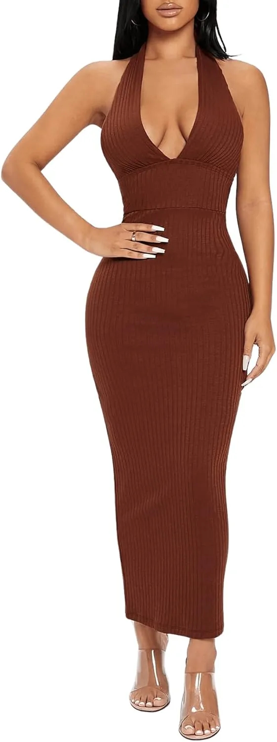 Floerns Women's Plunging Deep V Neck Backless Ribbed Knit Tie Back Bodycon Maxi Dress