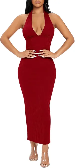Floerns Women's Plunging Deep V Neck Backless Ribbed Knit Tie Back Bodycon Maxi Dress