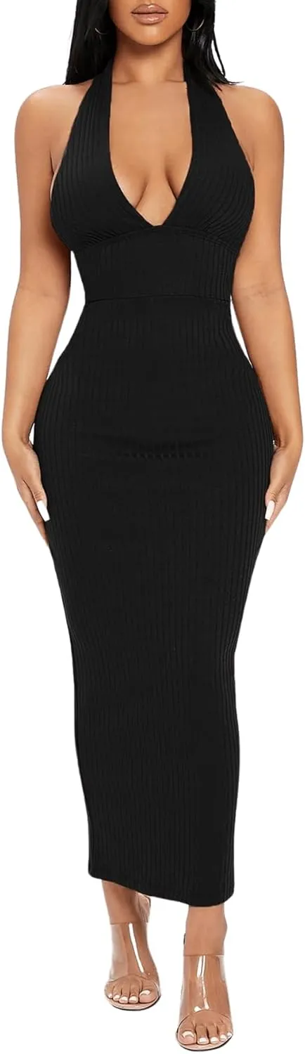 Floerns Women's Plunging Deep V Neck Backless Ribbed Knit Tie Back Bodycon Maxi Dress