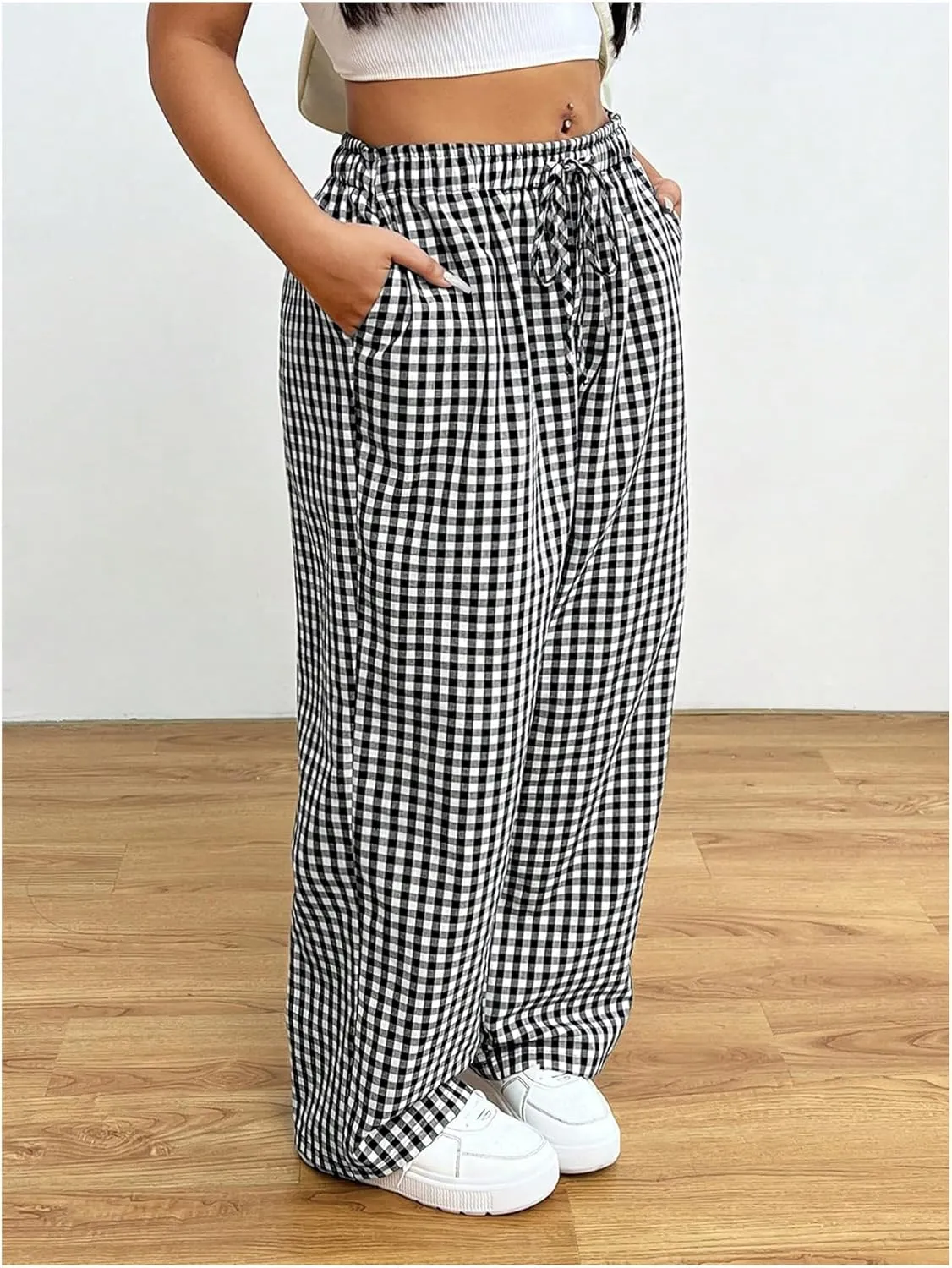 Floerns Women's Plus Size Drawstring Waist Gingham Plaid Baggy Wide Leg Pants