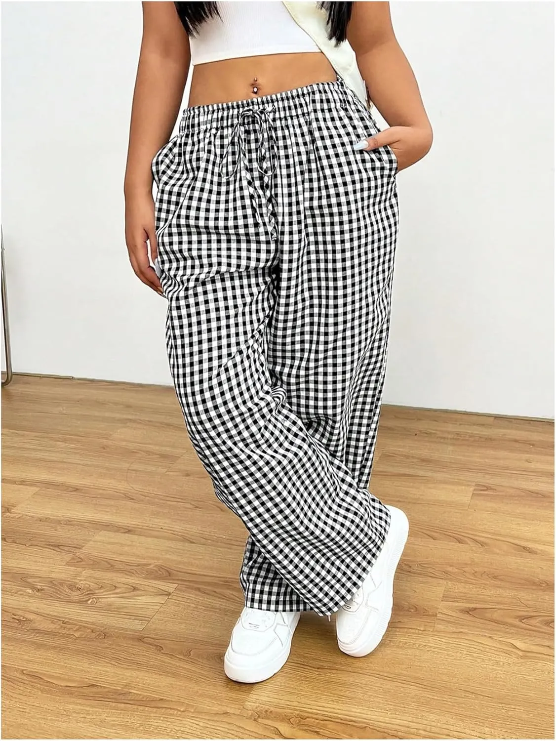 Floerns Women's Plus Size Drawstring Waist Gingham Plaid Baggy Wide Leg Pants