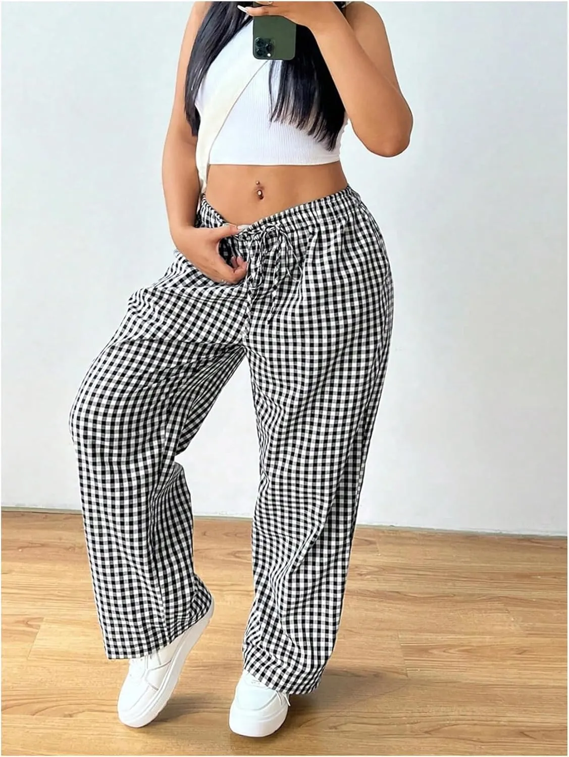 Floerns Women's Plus Size Drawstring Waist Gingham Plaid Baggy Wide Leg Pants