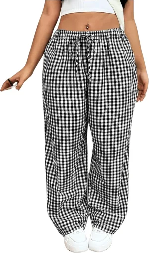 Floerns Women's Plus Size Drawstring Waist Gingham Plaid Baggy Wide Leg Pants