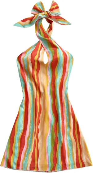 Floerns Women's Sleeveless Halter Backless Tie Back Floral Bodycon Mini Dress