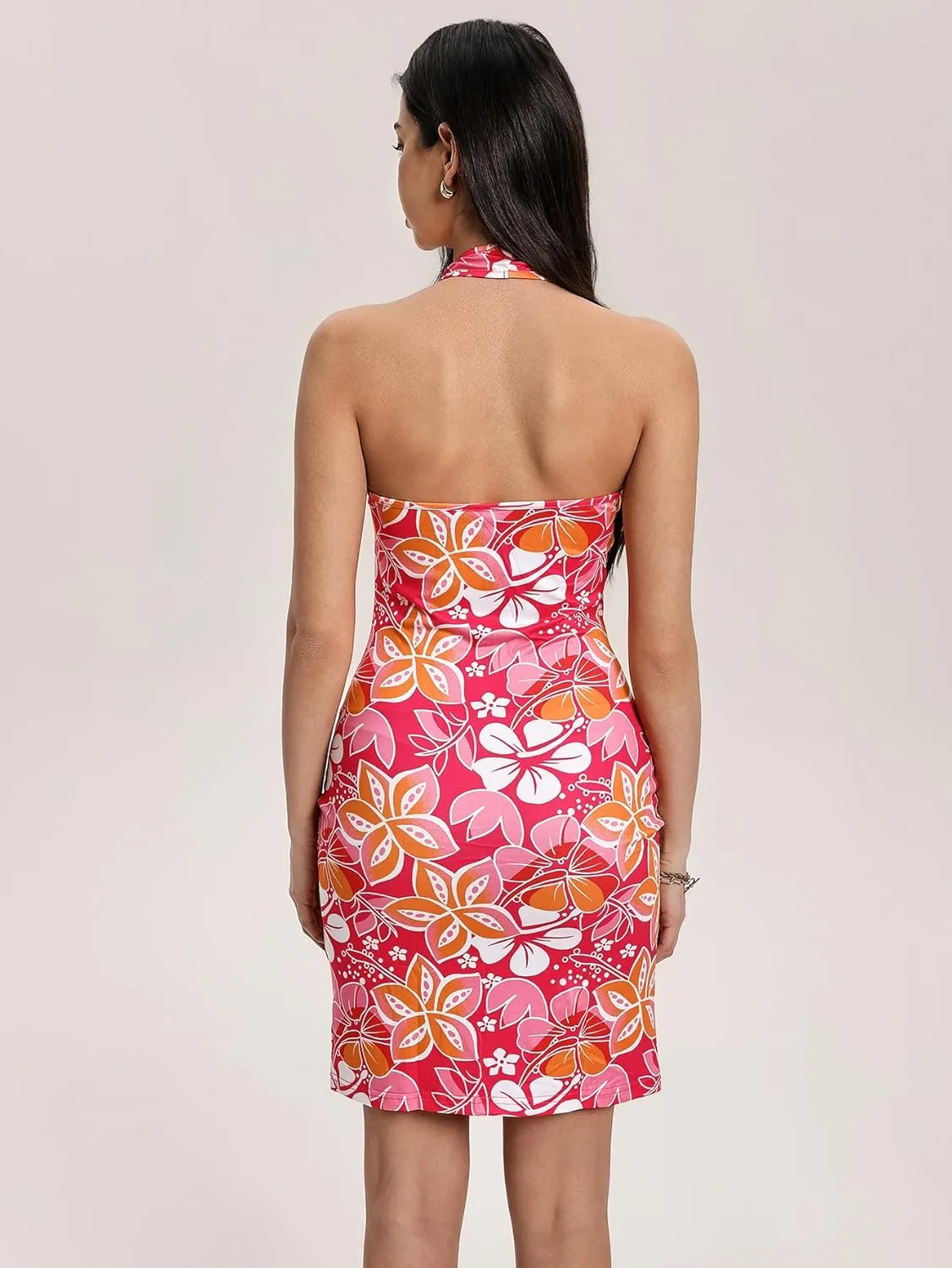 Floerns Women's Sleeveless Halter Backless Tie Back Floral Bodycon Mini Dress