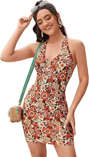 Floerns Women's Sleeveless Halter Backless Tie Back Floral Bodycon Mini Dress