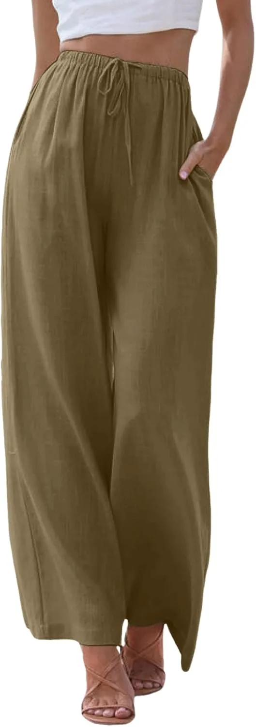 Flowy Palazzo Wide Leg Pants for Women Dressy Fashion Solid Elastic High Waisted Drawstring Trousers Summer Casual Streetwear