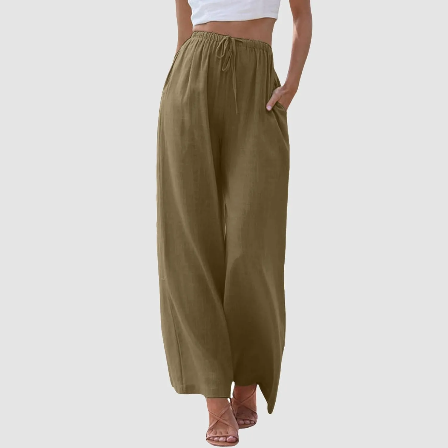 Flowy Palazzo Wide Leg Pants for Women Dressy Fashion Solid Elastic High Waisted Drawstring Trousers Summer Casual Streetwear