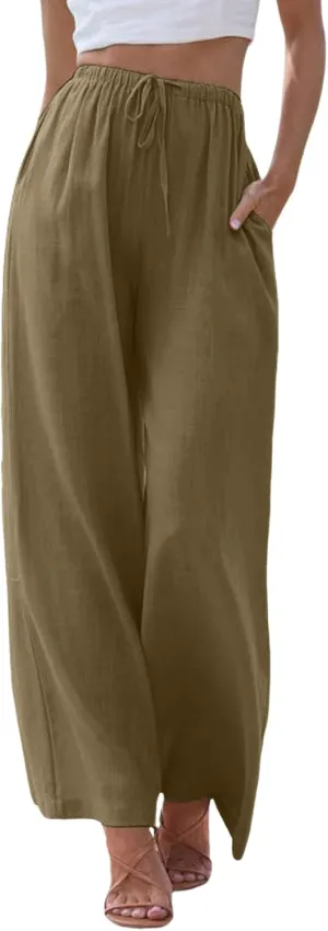 Flowy Palazzo Wide Leg Pants for Women Dressy Fashion Solid Elastic High Waisted Drawstring Trousers Summer Casual Streetwear