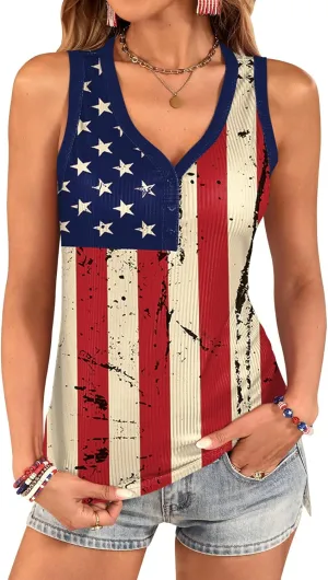 For G and PL Women's 4th of July Tank Top Knit Ribbed Patriotic American Flag Button V Neck Sleeveless Shirt