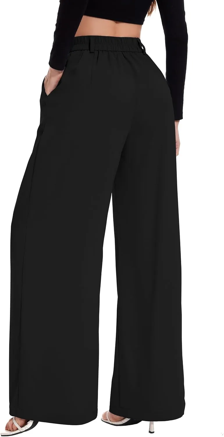 FUNYYZO Women Palazzo Pants High Elastic Waisted Business Work Long Trousers Wide Leg Loose Casual Pants