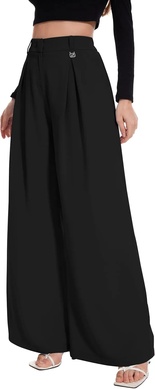 FUNYYZO Women Palazzo Pants High Elastic Waisted Business Work Long Trousers Wide Leg Loose Casual Pants