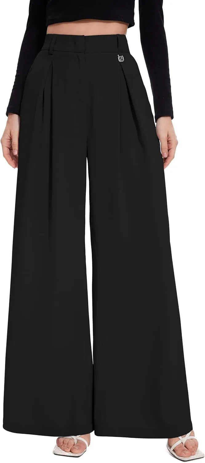 FUNYYZO Women Palazzo Pants High Elastic Waisted Business Work Long Trousers Wide Leg Loose Casual Pants