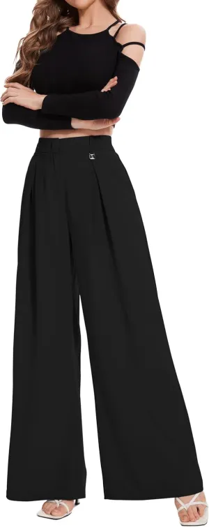 FUNYYZO Women Palazzo Pants High Elastic Waisted Business Work Long Trousers Wide Leg Loose Casual Pants