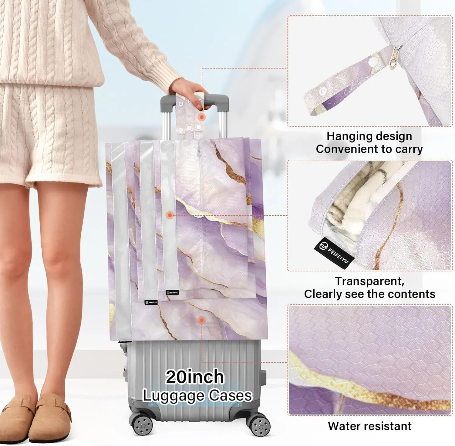 Garment Bag Closet Storage, Luggage Space Saver, Marble White White, Waterproof, 3 Set Travel Packing Cubes For Suitcases,Organizadores De Maletas Para