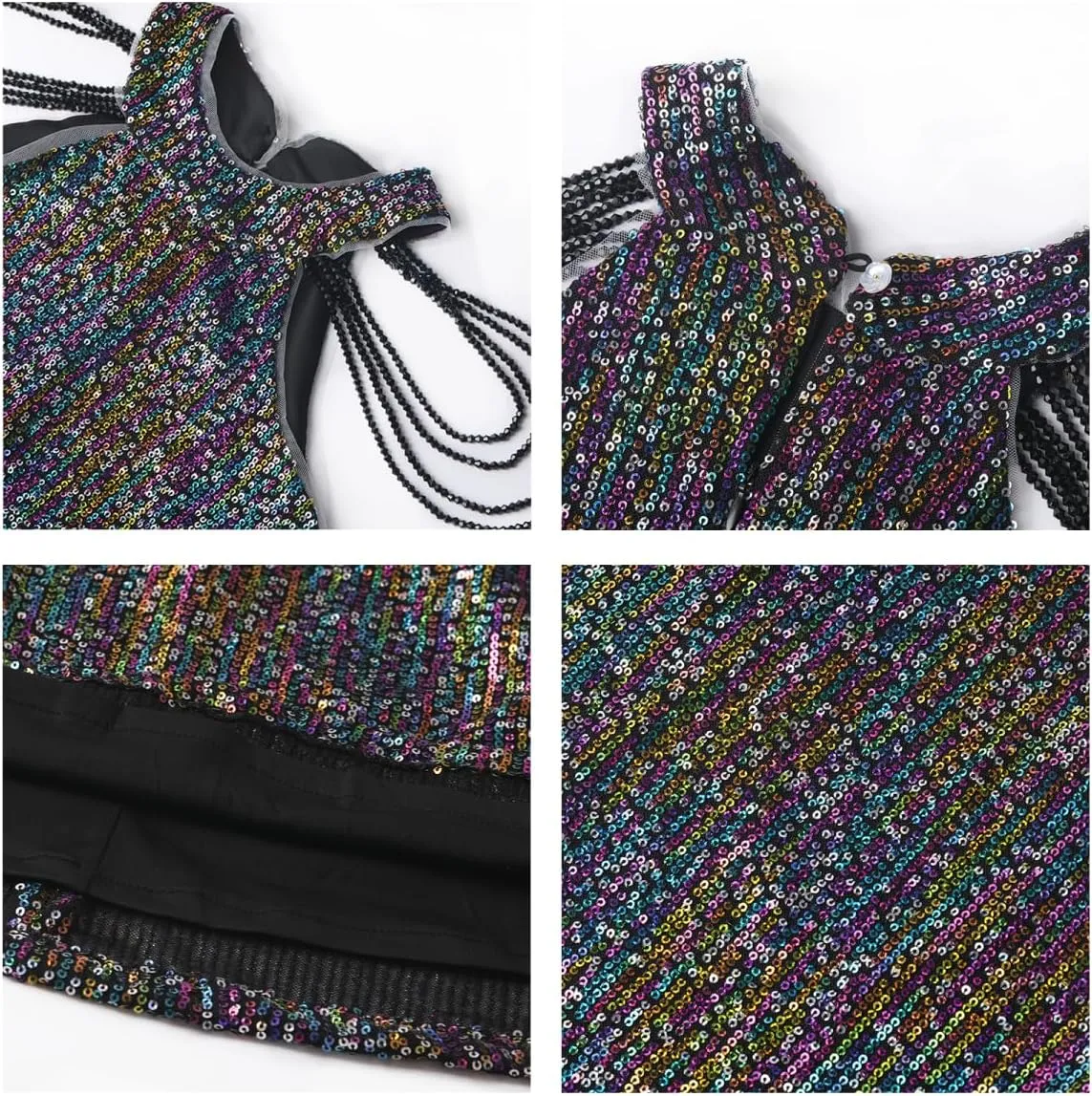 Girls Sequin Dress Halter Neck Hand-Beaded Tassel Elegant Birthday Wedding Party Maxi Dresses