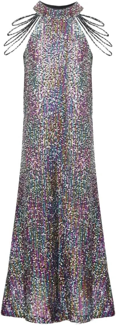 Girls Sequin Dress Halter Neck Hand-Beaded Tassel Elegant Birthday Wedding Party Maxi Dresses