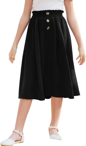 GORLYA Girls Boho Paper Bag Elastic Waist Long Swing Casual Vintage Button Front Maxi Skirt for 6-14Y