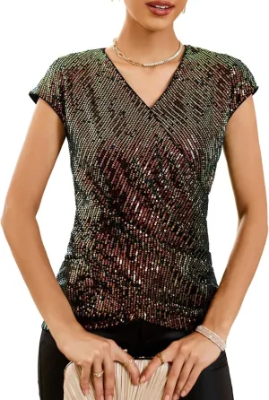 GRACE KARIN Womens Sparkle Sequin Top Shimmer Glitter Blouse Twist Front V Neck Cap Sleeve Club Party Shirt