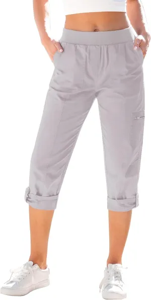 GRAPENT Capri Cargo Pants for Women High Waisted Pull On Elastic Waist Stretch Twill Fold Hem Capris Pants with Pockets