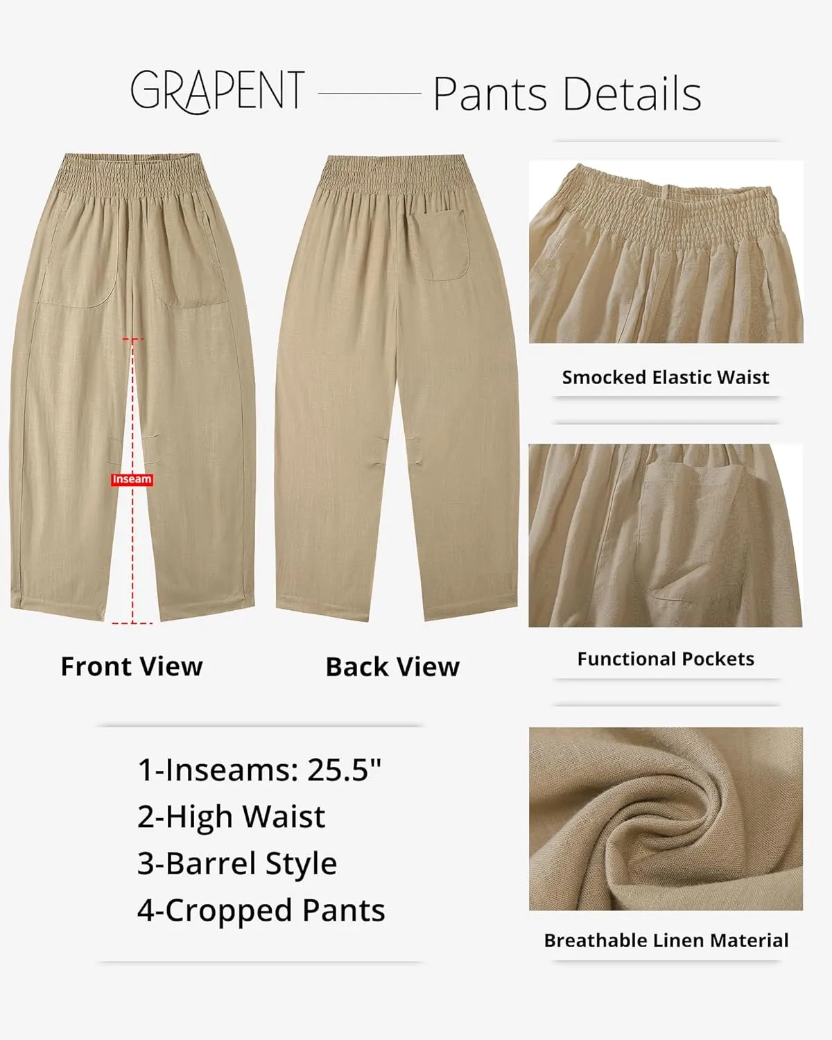 GRAPENT Linen Pants Women Wide Leg High Waisted Cropped Barrel Pull On Smocked Elastic Waist Summer Pants with Pockets