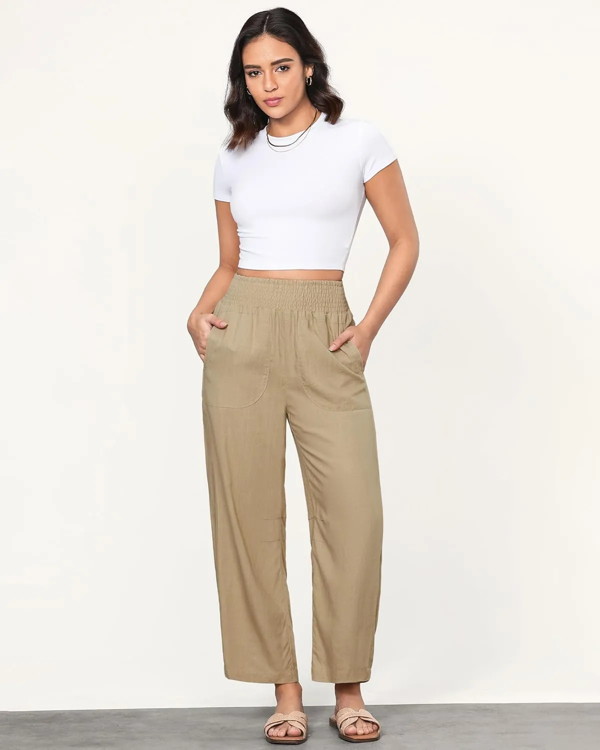GRAPENT Linen Pants Women Wide Leg High Waisted Cropped Barrel Pull On Smocked Elastic Waist Summer Pants with Pockets