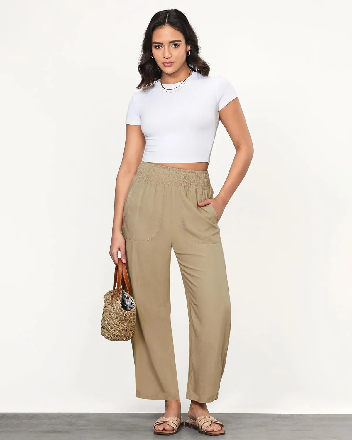GRAPENT Linen Pants Women Wide Leg High Waisted Cropped Barrel Pull On Smocked Elastic Waist Summer Pants with Pockets