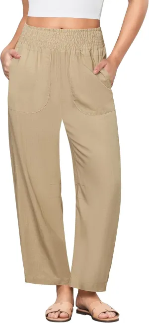 GRAPENT Linen Pants Women Wide Leg High Waisted Cropped Barrel Pull On Smocked Elastic Waist Summer Pants with Pockets