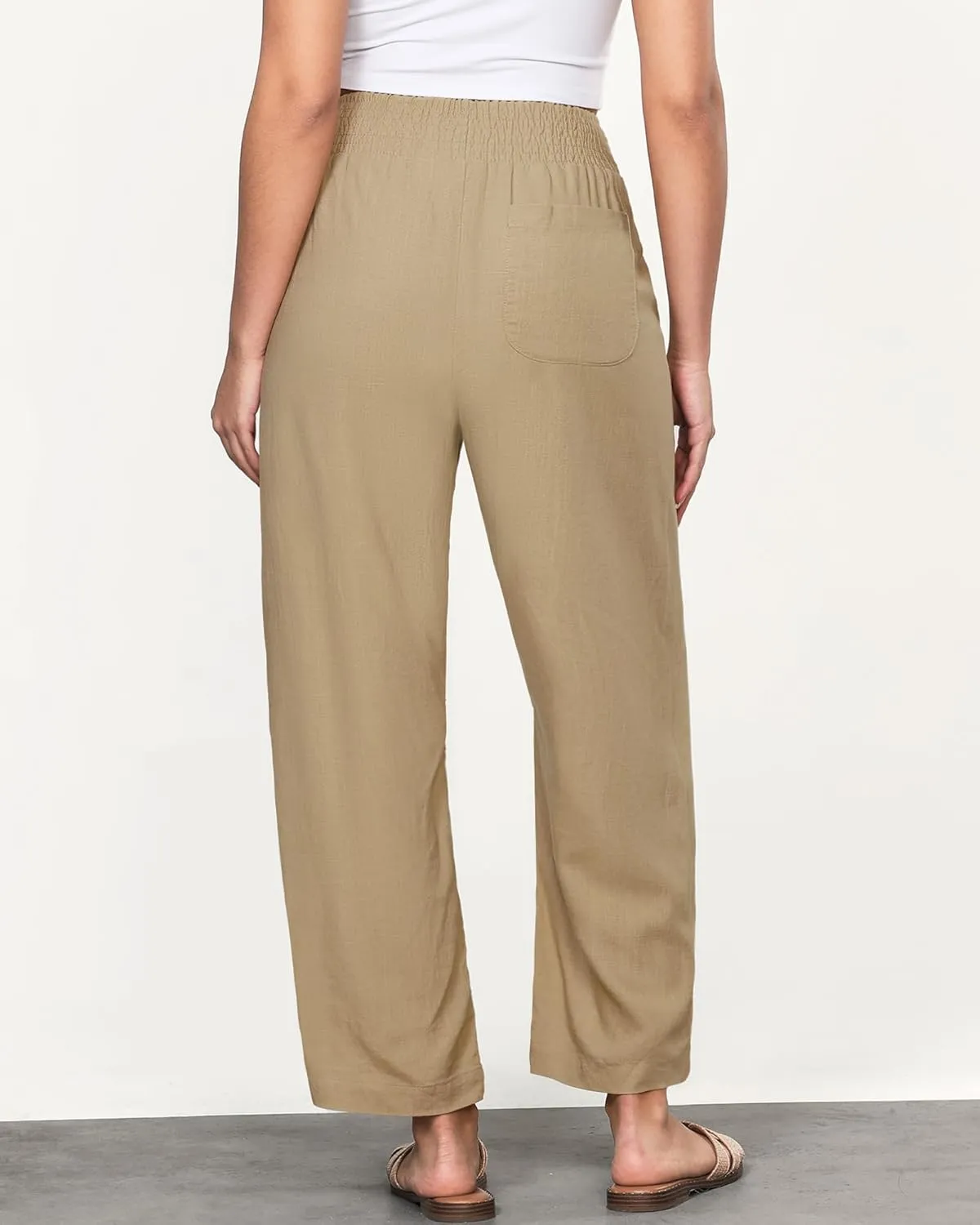 GRAPENT Linen Pants Women Wide Leg High Waisted Cropped Barrel Pull On Smocked Elastic Waist Summer Pants with Pockets