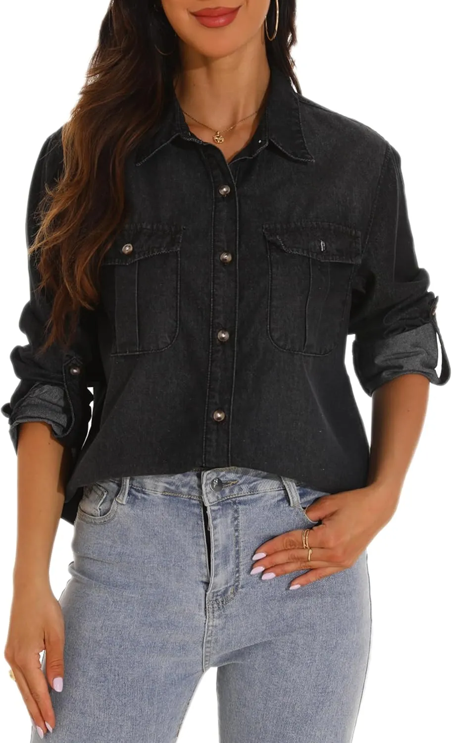 GUANYY Womens Denim Button Down Shirt Long Sleeve V Neck Jean Shirts Western Chambray Blouse Top