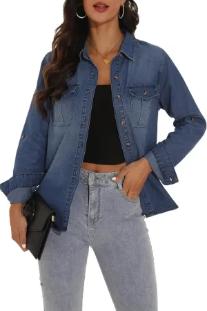 GUANYY Womens Denim Button Down Shirt Long Sleeve V Neck Jean Shirts Western Chambray Blouse Top