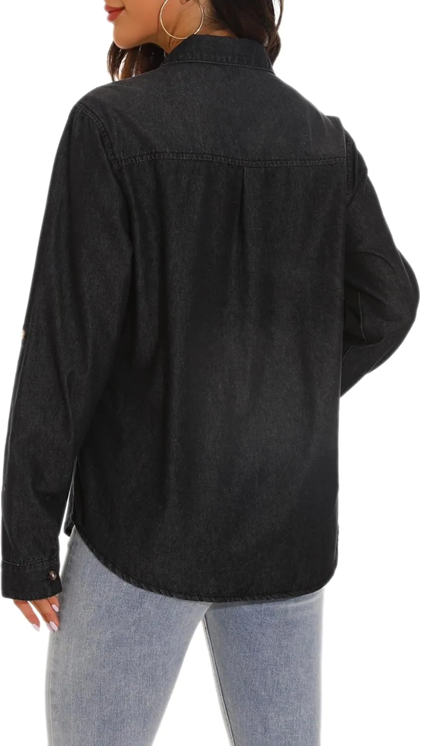 GUANYY Womens Denim Button Down Shirt Long Sleeve V Neck Jean Shirts Western Chambray Blouse Top