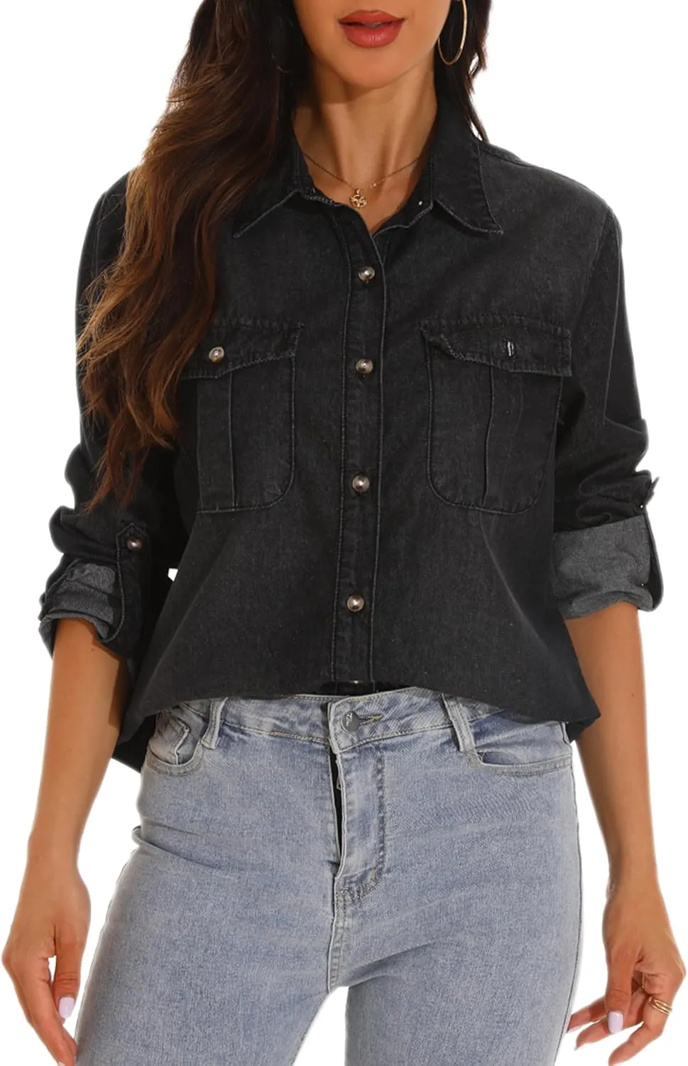 GUANYY Womens Denim Button Down Shirt Long Sleeve V Neck Jean Shirts Western Chambray Blouse Top