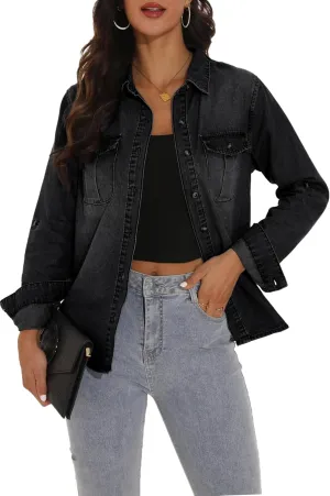 GUANYY Womens Denim Button Down Shirt Long Sleeve V Neck Jean Shirts Western Chambray Blouse Top