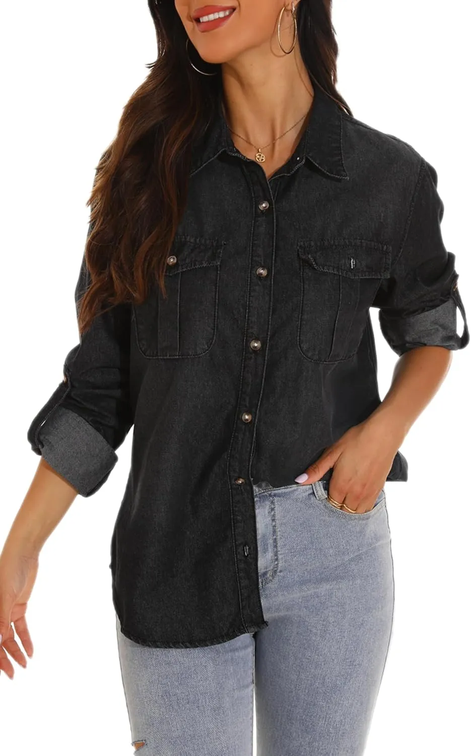 GUANYY Womens Denim Button Down Shirt Long Sleeve V Neck Jean Shirts Western Chambray Blouse Top