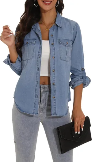 GUANYY Womens Denim Button Down Shirt Long Sleeve V Neck Jean Shirts Western Chambray Blouse Top
