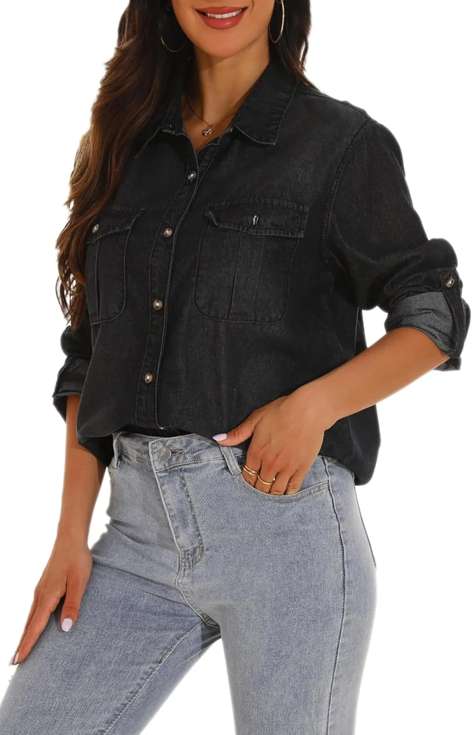 GUANYY Womens Denim Button Down Shirt Long Sleeve V Neck Jean Shirts Western Chambray Blouse Top
