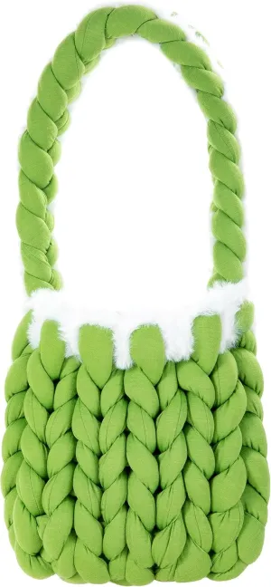 Handwoven Thick Cotton Knitted Bucket Bag with Fluffy Soft Small Shoulder Bag