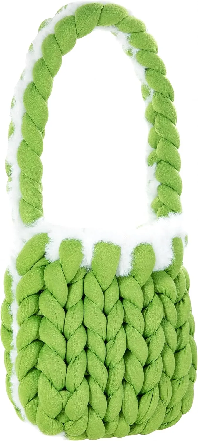 Handwoven Thick Cotton Knitted Bucket Bag with Fluffy Soft Small Shoulder Bag