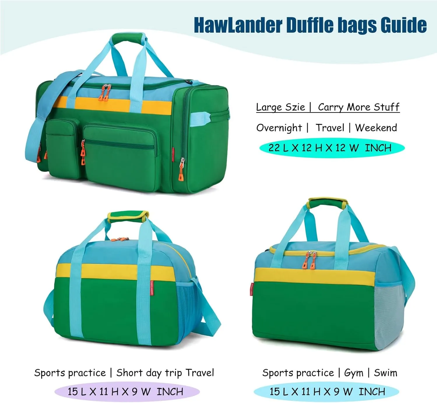 HawLander Kids Duffle Bag for Boys or Girls, Fit School Practice, or Overnight Travel (Green)