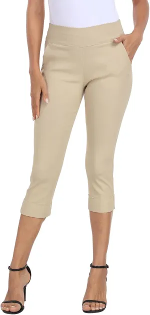 HDE Pull On Capri Pants for Women 19" Inseam Cropped Dress Pants with Pockets