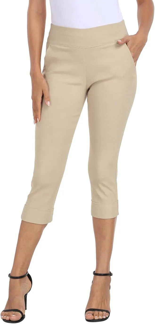 HDE Pull On Capri Pants for Women 19" Inseam Cropped Dress Pants with Pockets