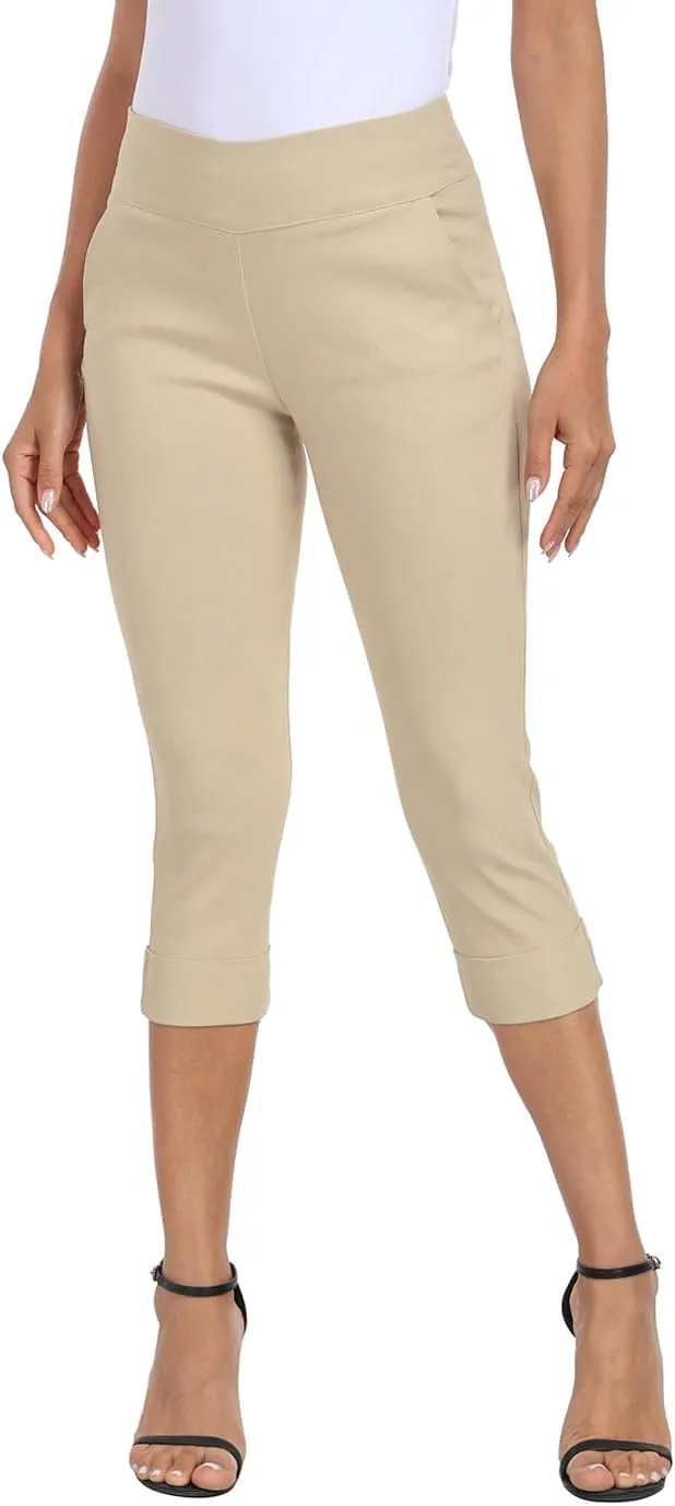 HDE Pull On Capri Pants for Women 19" Inseam Cropped Dress Pants with Pockets